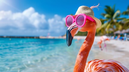 View of a flamingo on holiday at the beach with a hunting hat and pink goggles