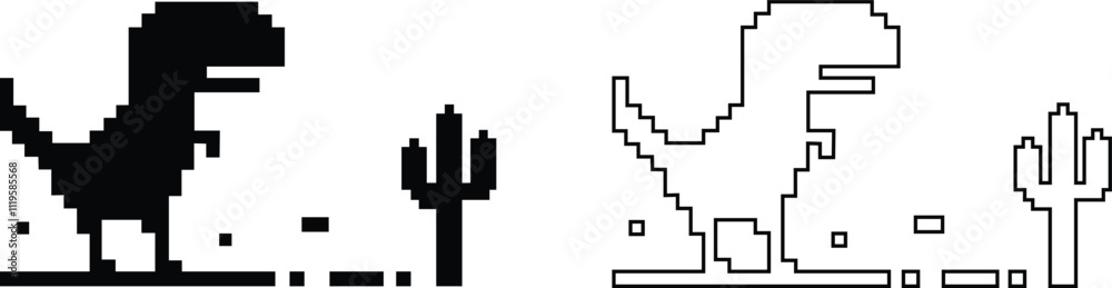 Poster set of no internet connection pixel dinosaur offline art bad connection flat and line vectors comput
