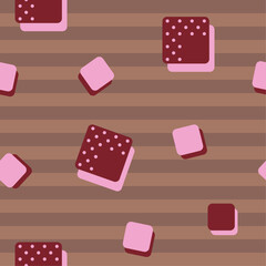 Vector seamless pattern. Bright pink purple red cubes with polka dots on brown chocolate coffee Mocha Mousse striped background. Trendy color geometry wallpaper. Stylish cute print. Vibrancy fashion.