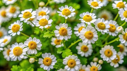 Fototapeta premium Feverfew plant with small daisy-like flowers, known for its medicinal properties, feverfew, herb