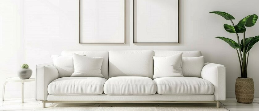 Minimalist living room with a white sofa, simple decor, and a touch of green from a potted plant exudes calm and elegance.