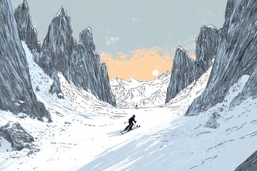A skier descends a snowy valley surrounded by towering mountains at sunset.