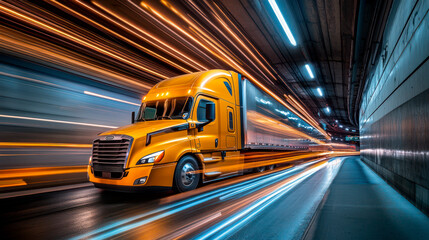Semi-truck driving in tunnel, fast speed, blurred motion effect