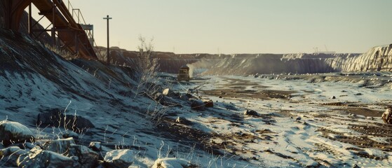 Obraz premium A barren industrial landscape with snow-dusted ground and machinery, illustrating a stark blend of nature and industry.