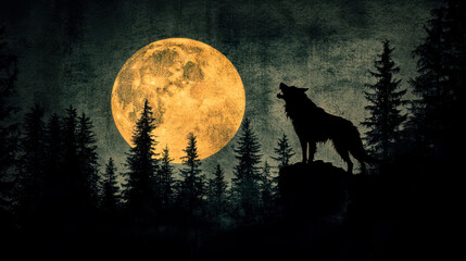 Fototapeta premium Wolf howling on full Moon, grunge technique illustration