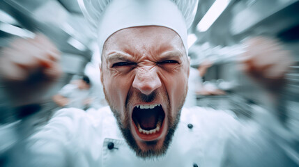 Mad stressed out chef throwing tantrum at work, displeased with his failures