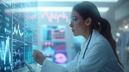 Animation of multiple graphs and trading board over diverse female doctor discussing with colleagues. Digital composite, report, business, stock market.