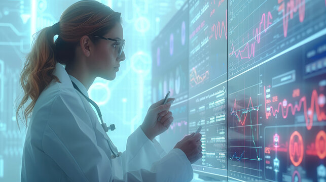 Animation of multiple graphs and trading board over diverse female doctor discussing with colleagues. Digital composite, report, business, stock market.