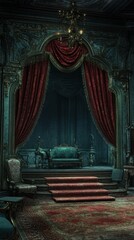 A lavishly decorated room with red curtains, ornate furniture, and a carpeted staircase.