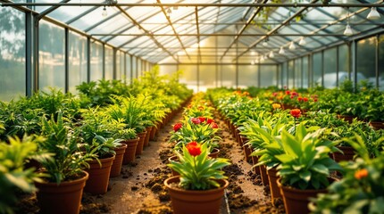 Lush greenhouse blooms: bright sunlit rows of vibrant potted plants