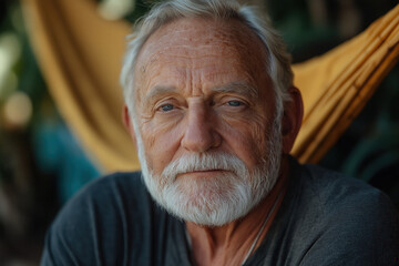 Elderly Caucasian man with gray beard relaxing outdoors in natural light