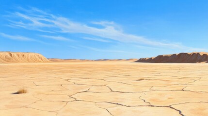 Expansive Desert Landscape Under Clear Blue Sky with Cracked Earth and Dunes