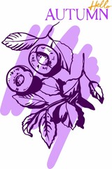 Cozy autumn - linear botanical image with text on a contrasting spot (png). Digital illustration for branding, advertising, posters