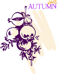 Cozy autumn - linear botanical image with text on a contrasting spot (png). Digital illustration for branding, advertising, posters