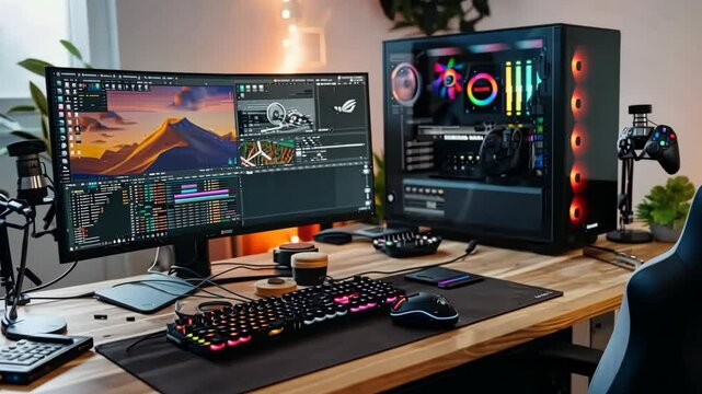 Ultimate Gaming and Video Editing Setup: RGB Keyboard,  Curved Monitor, Powerful PC