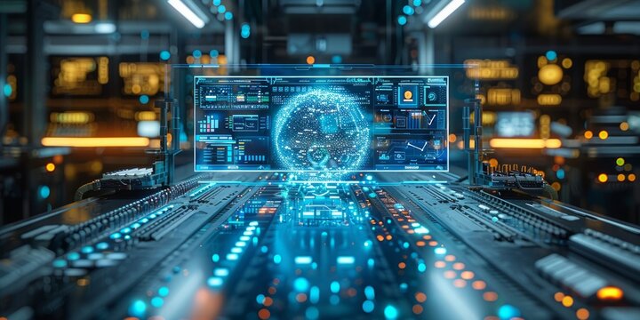 Futuristic control center with a holographic globe interface, vibrant blue and orange lights, and advanced digital technology