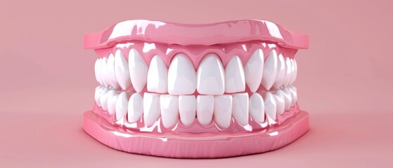 Fototapeta premium Realistic dental model of teeth on a pink base, demonstrating oral health, hygiene, and dentistry education.