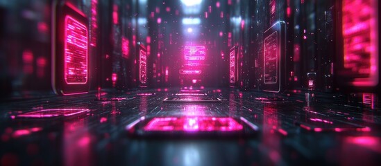 Futuristic corridor with glowing pink screens and digital data in the background.