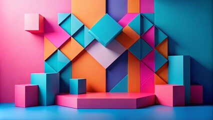 Obraz premium Vibrant Geometric Composition Featuring Colorful Cubes and Triangles on a Platform