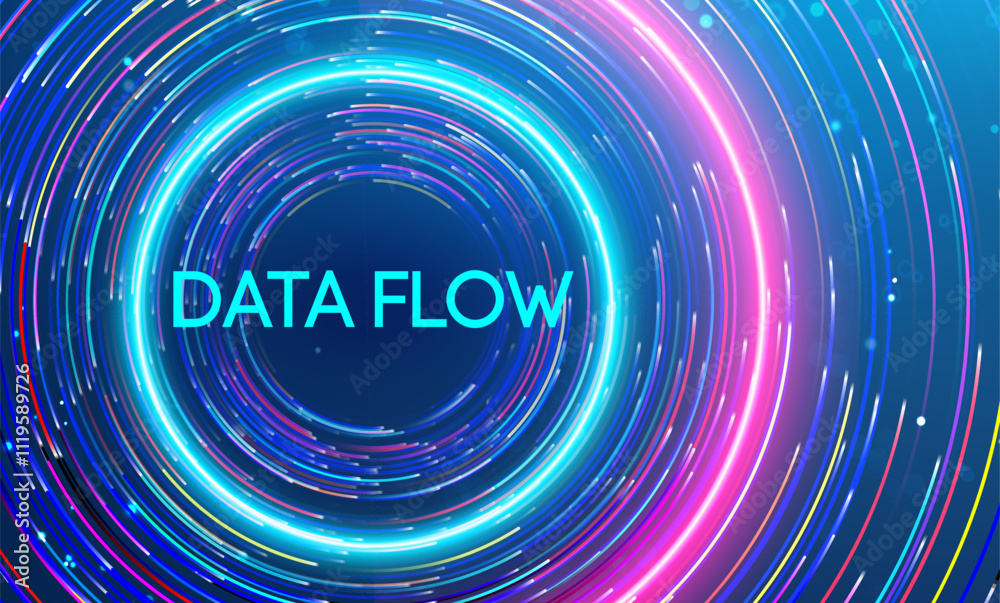Fototapete Data flow depicted with dynamic circular light patterns in vibrant colors. Big data and data science integration with advanced technology and artificial intelligence concepts.
