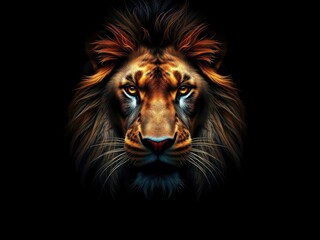 Obraz premium Artistic lion with mesmerizing mane and piercing eyes on a dramatic black background, animal, striking