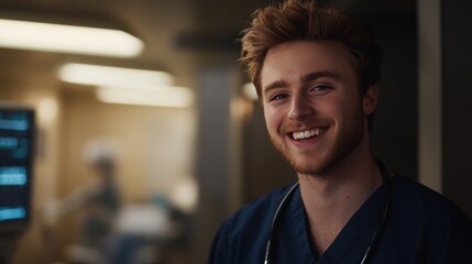 Fototapeta premium Friendly male nurse smiling warmly, symbolizing trust and care in the healthcare profession.