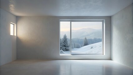 Fototapeta premium Empty room with large window showcasing a snowy mountain landscape