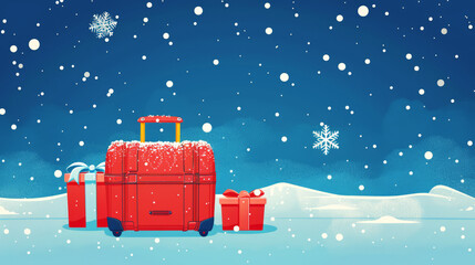 Festive Red Suitcase with Holiday Gifts in Snowy Landscape, Christmas Travel Concept