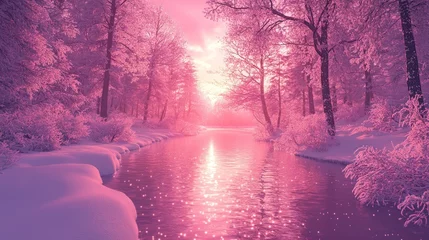 Selbstklebende Fototapeten Pink winter sunrise over snow-covered forest river. © AFFANYUDA