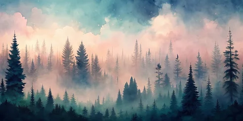 Sierkussen Mistig bos Serene Evergreen Forest at Dawn, Misty and Dreamlike with Soft Pastel Hues  © Mali