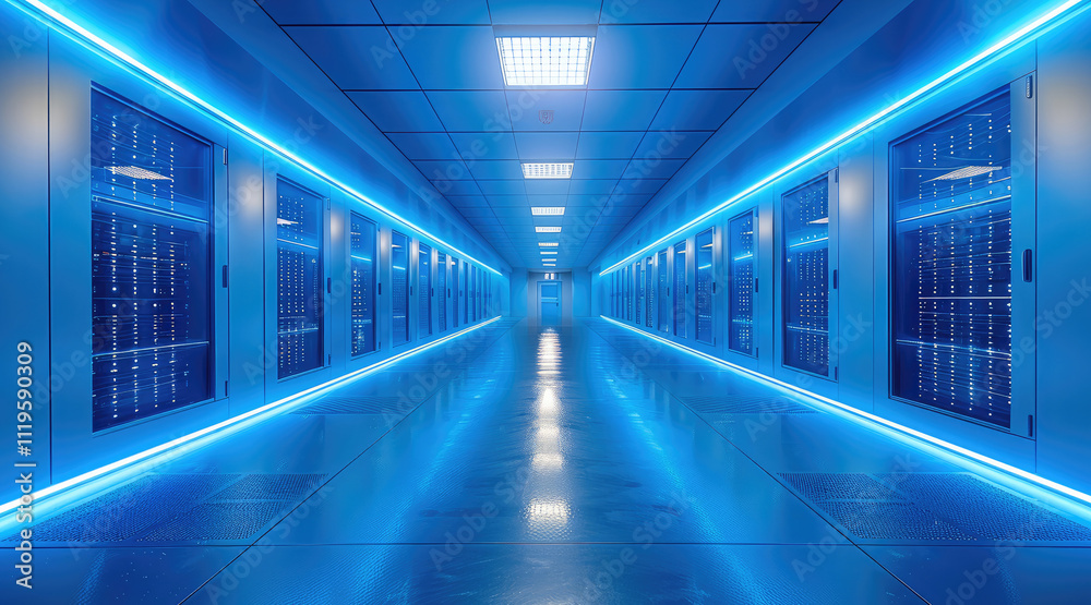 Aufkleber in a data center, blue lighting, with rows of servers and blinking network equipment creating a futu