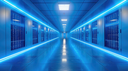 Fototapeta premium In a data center, blue lighting, with rows of servers and blinking network equipment creating a futuristic atmosphere.