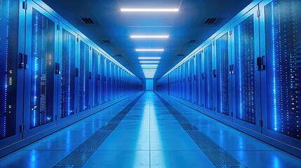 Fototapeta premium In a data center, blue lighting, with rows of servers and blinking network equipment creating a futuristic atmosphere.