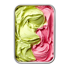 Obraz premium Extreme top view of hyper realistic pistachio rose gelato ice cream spread across a gelato steel tray isolated on a white transparent background
