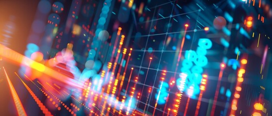 Vibrant waves of data and neon lights merge in a digital matrix, visualizing the dynamic energy of modern technology and information flow.