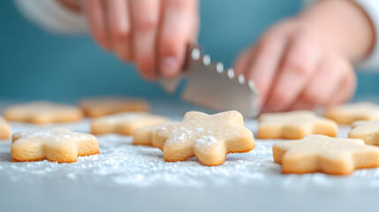 Close-up cooking of star-shaped cookies kitchen food photography cozy lighting sweet treats baking process