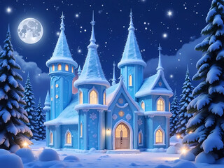 Fototapeta premium Enchanting Winter Castle at Night in Blue Tones for Holiday Magic