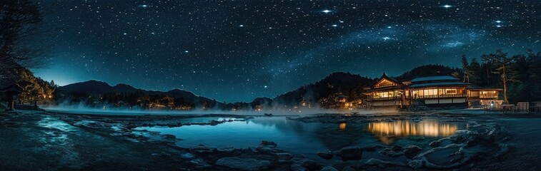A nighttime scene of a Japanese hot spring resort( onsen) under a starry sky