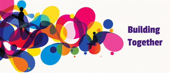 Colorful abstract art with text Building Together and silhouettes of people.