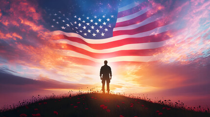 A soldier stands silhouetted against a vibrant sunset, embodying strength and sacrifice, as the American flag waves proudly in the backdrop.