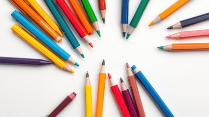 Fototapeta premium Bright colored pens of various shades spread out on clean white paper, paper, pens