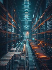 Automated factory. Rows of robotic arms assembling products on a production line. The factory is brightly lit and looks very modern.