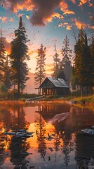 Obraz premium A secluded lakeside cabin in the mountains. The setting sun casts a golden glow on the cabin and the surrounding trees. The water is still and reflects the beauty of the scene.