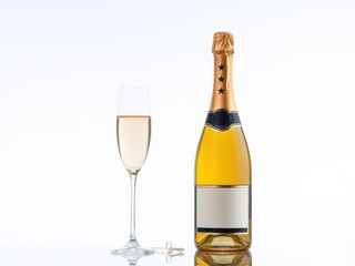 Champagne bottle and flute isolated on clear background, bubbles
