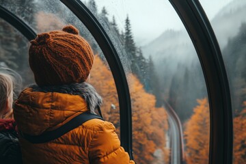 A child dressed in a cozy orange knit hat and fur-lined jacket gazes out the panoramic window of a train, admiring the breathtaking autumn forest scenery. 
