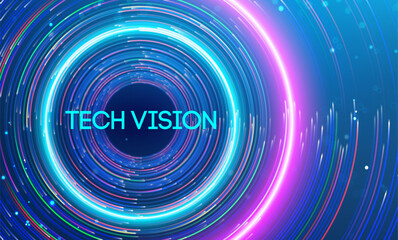 Tech vision represented through bright, swirling light trails in a concentric design. Big data and data science integration with advanced technology and artificial intelligence concepts. © RDVector