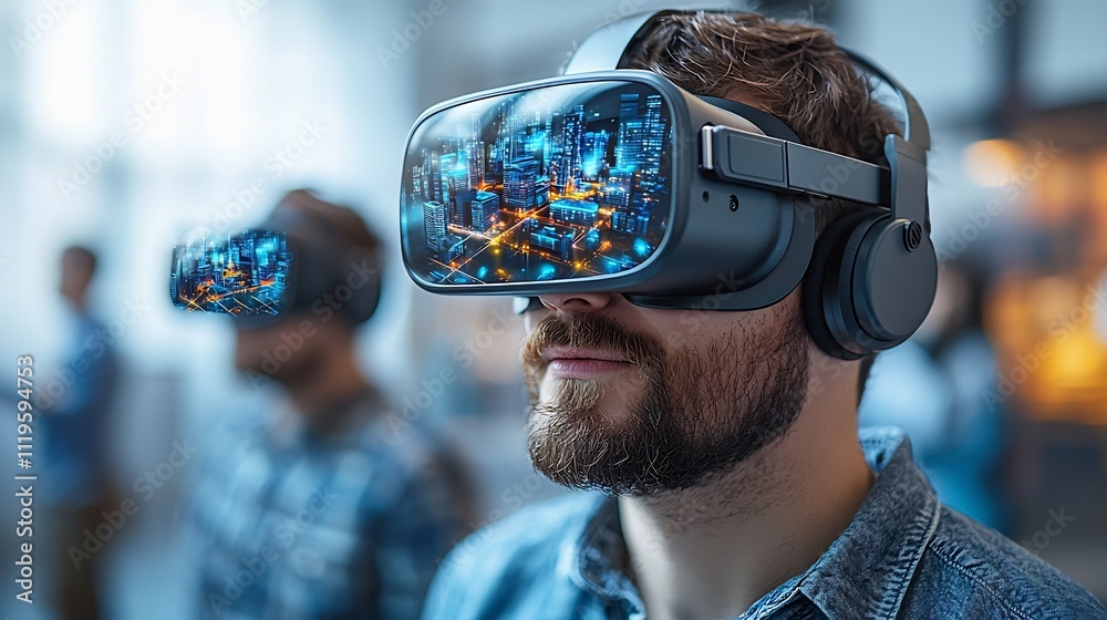 Poster engineer in vr headset navigating virtual city design simulation with projected digital models