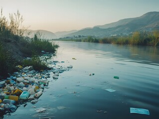 Plastic pollution litters a river, a stark reminder of environmental issues.