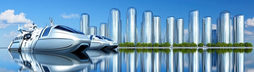 Fototapeta premium Futuristic cityscape with sleek boats on a reflective water surface.