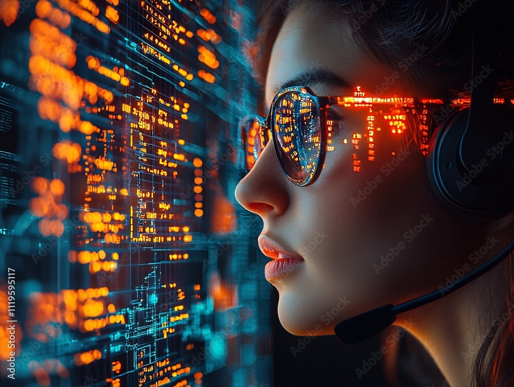 Poster ai powered call center worker managing customer queries through cutting edge digital interfaces